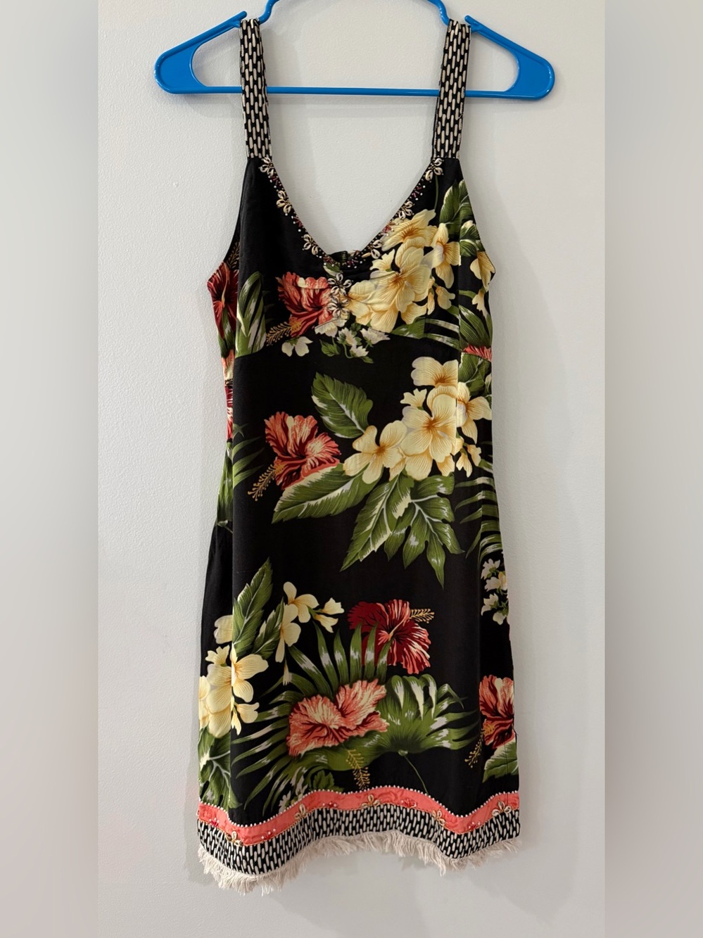 Faith Black Floral Tropical Shells Fringe Beachy Women's Dress Sun Resort Wear